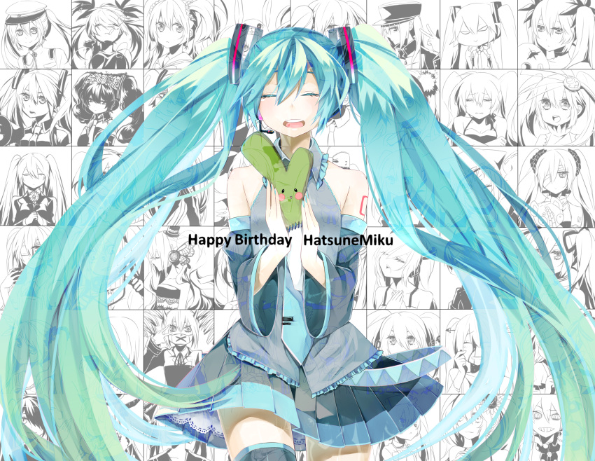 aqua_hair character_name closed_eyes detached_sleeves eyes_closed happy_birthday hatsune_miku highres long_hair necktie pineapple_(a30930s) see-through skirt solo songover spring_onion thigh-highs thighhighs twintails very_long_hair vocaloid