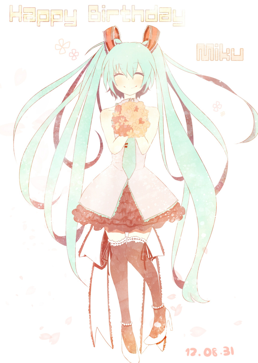 bouquet character_name closed_eyes dated flower green_hair happy_birthday hatsune_miku high_heels highres long_hair necktie shoes skirt smile solo thigh-highs thighhighs twintails very_long_hair vocaloid wakatsuki_you