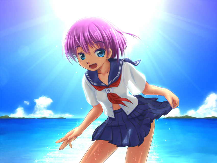 blue_eyes midriff open_mouth original purple_hair school_uniform see-through serafuku short_hair skirt skirt_lift smile solo sun wet yasutake