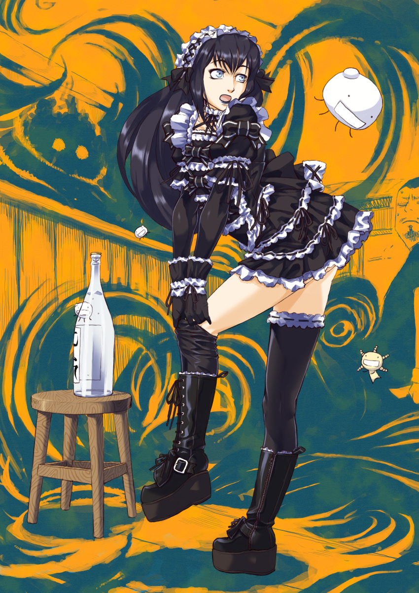 black_hair black_lipstick blue_eyes bottle chair crossdressing crossdressinging elbow_gloves frills gloves gothic gothic_lolita highres hiraemon legs lipstick lolita_fashion long_hair looking_back makeup moyashimon open_mouth oryzae-tan platform_footwear sake stool thigh-highs thighhighs trap yuuki_kei