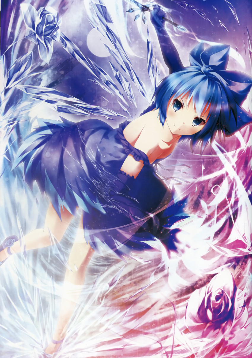 &gt;:) absurdres alternate_costume artist_request bare_shoulders blue_eyes blue_hair blush cirno dabadhi dress elbow_gloves flower gloves highres holding ice ice_flower ice_sword ice_wings magic rose scan short_hair smile solo spinning sword touhou weapon wings