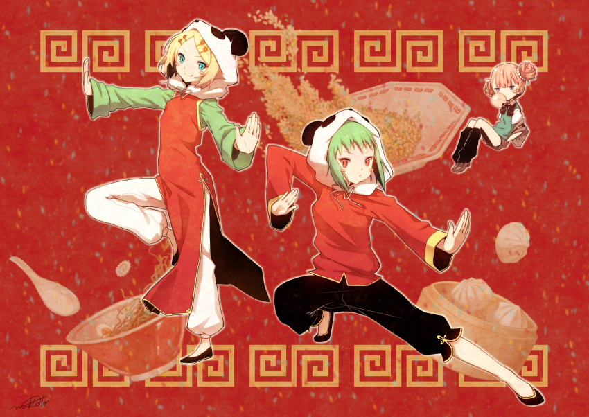 :p animal_hood aqua_eyes blonde_hair blue_eyes blush_stickers bowl bubblegum chinese_clothes double_bun fighting_stance food fried_rice green_hair gumi hair_bun hair_ornament hairclip highres kagamine_rin loafers looking_at_viewer megurine_luka multiple_girls nana_mikoto pink_hair pleated_skirt red_eyes rice shoes short_hair signature sitting skirt smile standing_on_one_leg tongue vocaloid yie_ar_fan_club_(vocaloid)