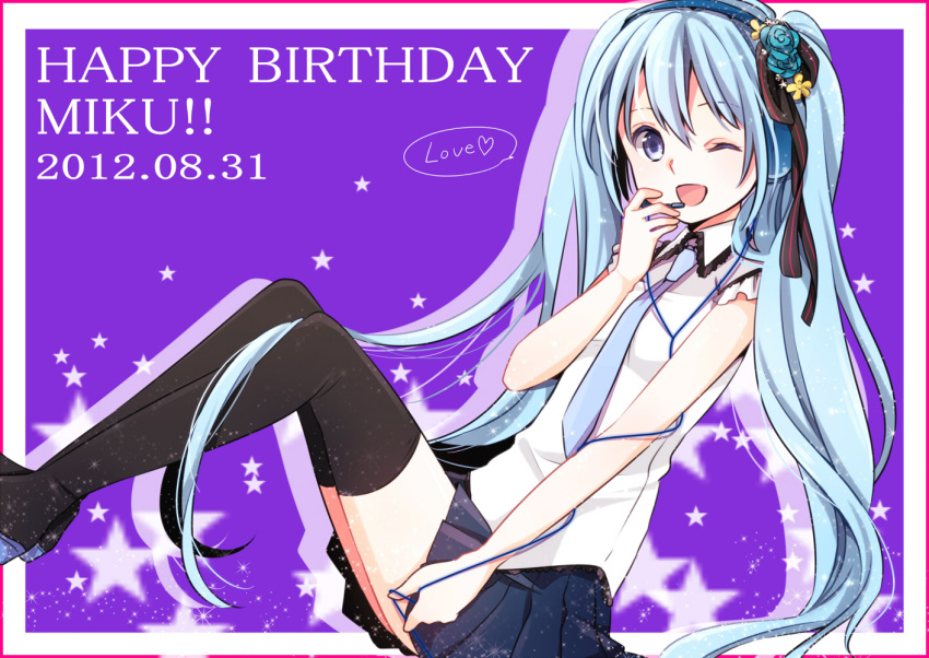 2012 aqua_hair blue_eyes dated hair_ribbon happy_birthday hatsune_miku headset hekiiro long_hair necktie open_mouth ribbon sitting skirt solo thigh-highs thighhighs twintails very_long_hair vocaloid wink