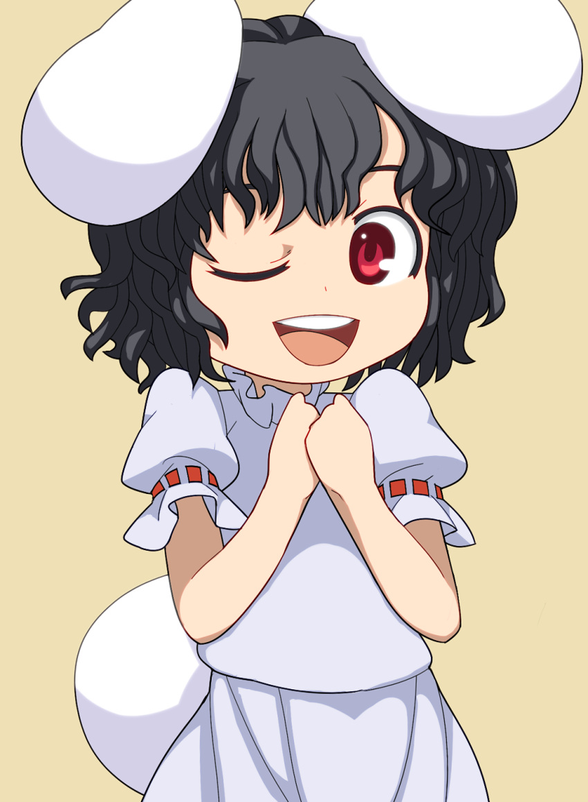 animal_ears black_hair bunny_ears highres hospital_king inaba_tewi open_mouth rabbit_ears red_eyes short_hair smile solo tail touhou wink