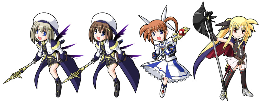:d armor bardiche belt blonde_hair blue_eyes brown_hair buckle cape dress dual_persona fate_testarossa fingerless_gloves gloves hair_ribbon hat lyrical_nanoha mahou_shoujo_lyrical_nanoha mahou_shoujo_lyrical_nanoha_a's mahou_shoujo_lyrical_nanoha_a's mahou_shoujo_lyrical_nanoha_the_movie_2nd_a's mahou_shoujo_lyrical_nanoha_the_movie_2nd_a's multiple_girls open_mouth puffy_sleeves raising_heart red_eyes ribbon schwertkreuz short_twintails skirt smile sumeragi_kou takamachi_nanoha thigh-highs thighhighs tome_of_the_night_sky twintails unison white_background wings yagami_hayate
