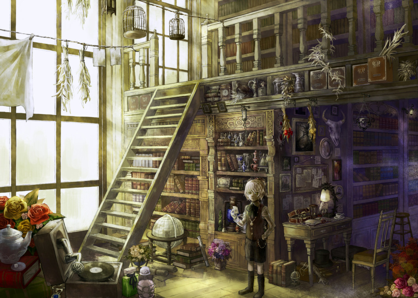 birdcage book bookcase bookshelf cage chair desk flower globe hand_in_pocket hat hise holding kettle male original plant portrait_(object) potted_plant scenery shorts solo stairs standing suitcase top_hat window