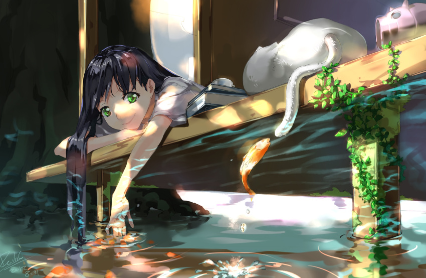 animal black_hair book cat character_request daible dated fish from_below green_eyes highres katori_buta long_hair looking_at_viewer lying on_floor on_stomach original porch ripples signature smile solo splashing summer tree_shade veranda vines water water_drop white_cat