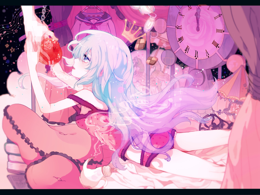 apple blue_eyes blue_hair camisole food fruit hatsune_miku letterboxed long_hair lying on_stomach panties pillow romeo_to_cinderella_(vocaloid) solo souno_kazuki sparkle twintails underwear very_long_hair vocaloid