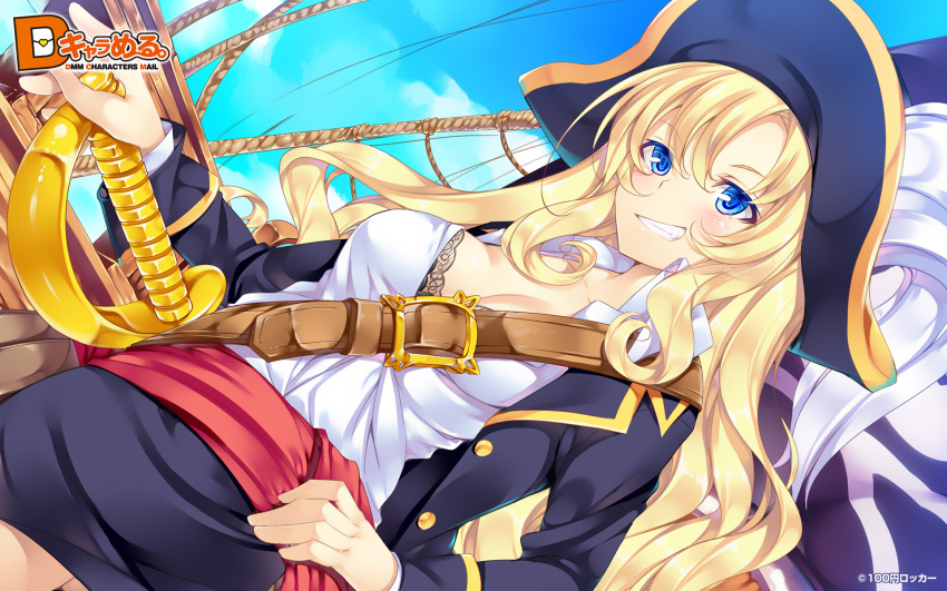 1girl blonde_hair blue_eyes bra cleavage dmm female hat ichijou_hitoshi long_hair original pirate skirt solo sword underwear weapon