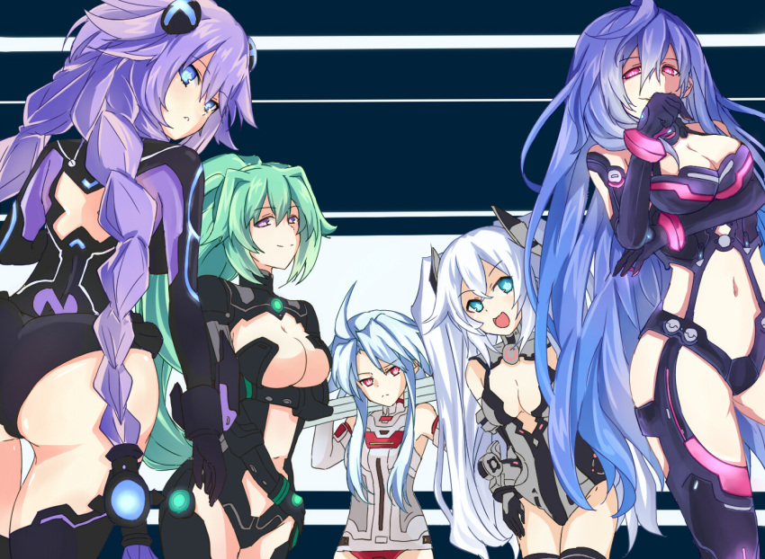 ass black_heart blanc blue_eyes blue_hair braid breasts choujigen_game_neptune cleavage green_hair green_heart ichigomiruku iris_heart kami_jigen_game_neptune_v long_hair multiple_girls neptune_(choujigen_game_neptune) noire ponytail purple_eyes purple_hair purple_heart pururut red_eyes smile symbol-shaped_pupils twin_braids twintails vert very_long_hair violet_eyes white_hair white_heart