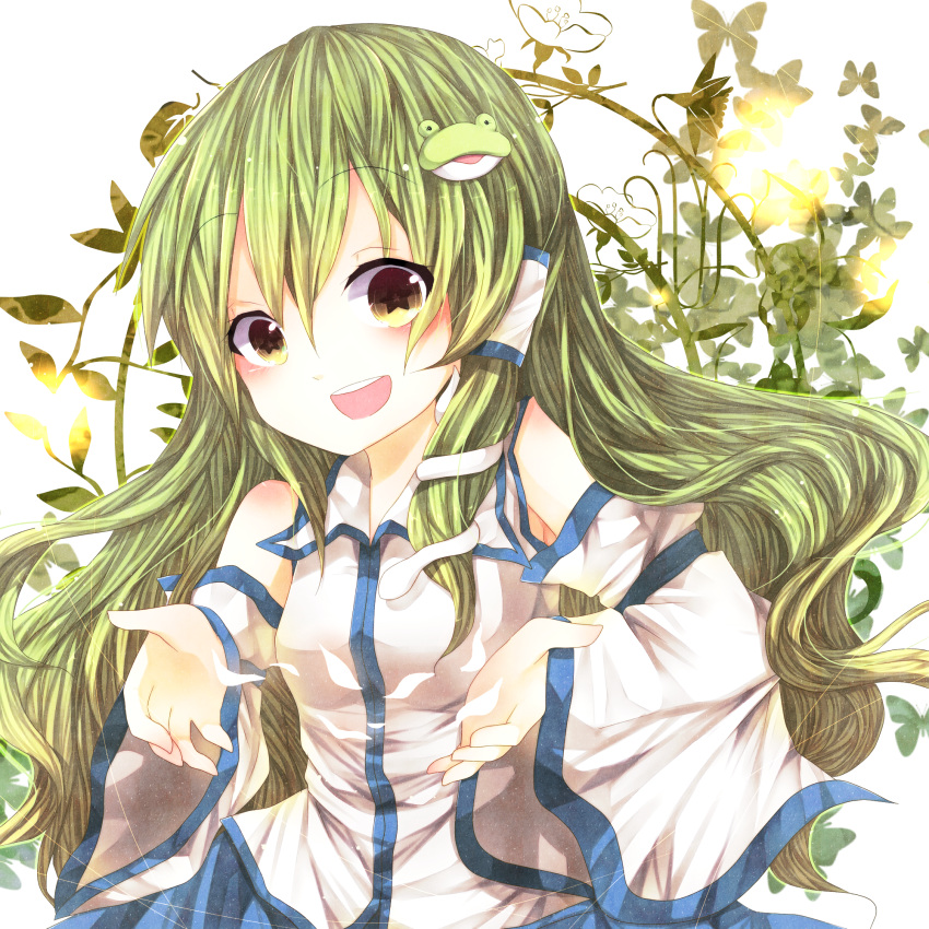 flower frog_hair_ornament green_eyes green_hair hair_ornament hair_tubes hanaon highres kochiya_sanae long_hair open_mouth silhouette smile snake star star-shaped_pupils symbol-shaped_pupils touhou vines wide_sleeves