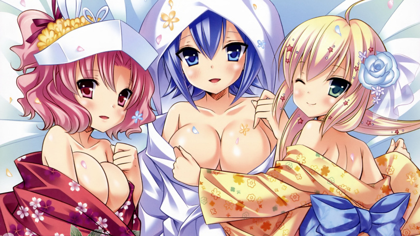 breasts cleavage inugahora_an japanese_clothes petals wink
