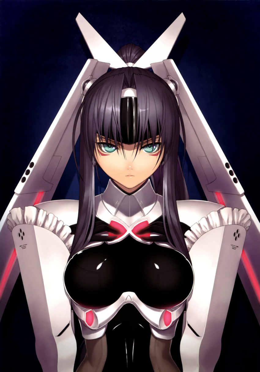 absurdres android black_hair bodysuit breasts bust facial_mark green_eyes hair_ornament highres long_hair looking_at_viewer phantom_queen_ex-xecty ponytail scan shining_(series) shining_hearts shining_world solo taka_tony tanaka_takayuki tony_taka visor