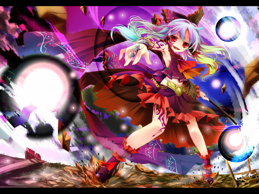 adapted_costume alternate_color alternate_hair_color blue_hair bow bracelet broken_ground chain colorful danmaku facial_mark fangs frills hair_bow hakurei_reimu highres jewelry kamiya_yuu letterboxed long_hair m.u.g.e.n maga-reimu markings mary_janes midriff multicolored_hair navel outstretched_arm red_eyes red_sclera revision ring shoe_ribbon shoes skirt smile solo tattoo touhou yin_yang