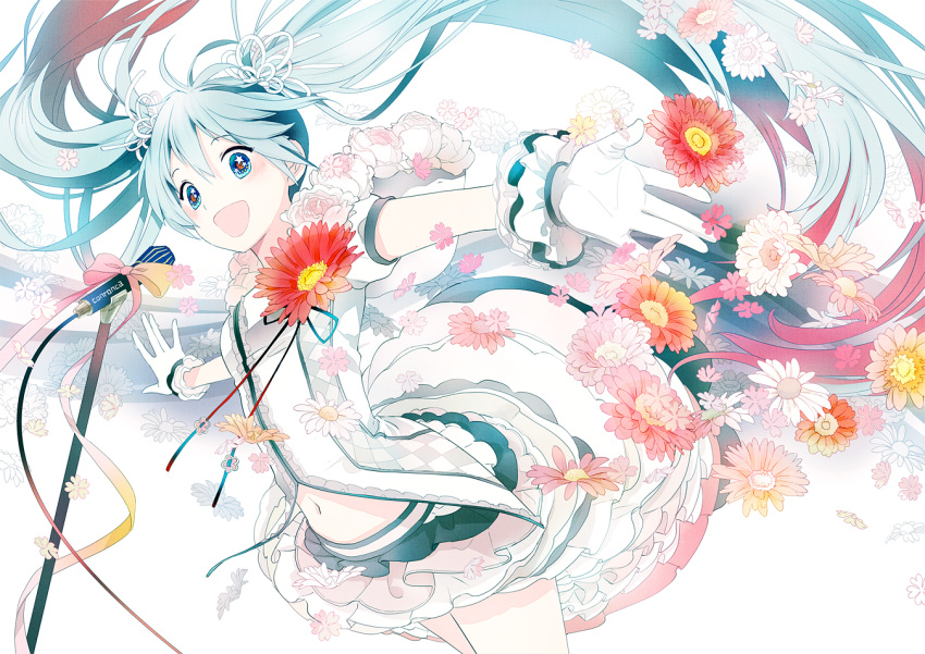 ame_(conronca) blue_eyes blue_hair blush bow dress flower gloves hands hatsune_miku long_hair microphone navel ribbons skirt solo stars twintails vocaloid