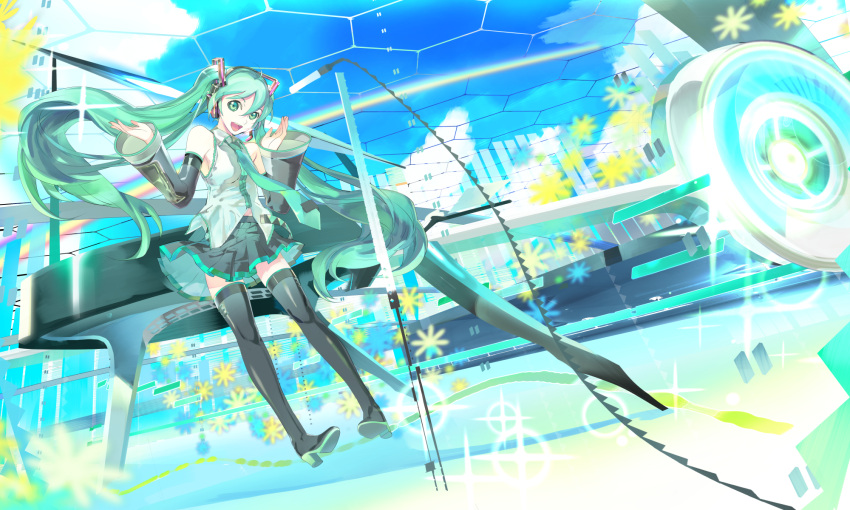 119 1ten aqua_eyes aqua_hair bare_shoulders detached_sleeves dutch_angle hatsune_miku highres instrument long_hair looking_at_viewer microphone necktie open_mouth piano skirt smile solo thigh-highs thighhighs twintails very_long_hair vocaloid zettai_ryouiki