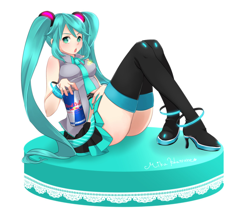 boots energy_drink green_hair hatsune_miku high_heels highres legs long_legs looking_at_viewer nokko red_bull shoes sitting skirt thick_thighs thigh-highs thigh_boots thighhighs thighs vocaloid white_background