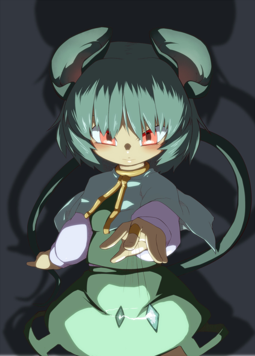 animal_ears capelet crystal green_hair hamahara_yoshio hamasan highres long_sleeves mouse_ears mouse_tail nazrin red_eyes shadow short_hair solo tail touhou