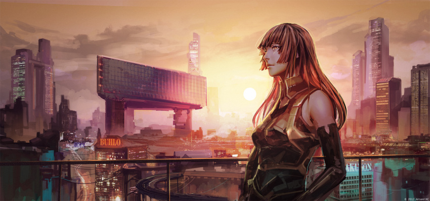 1girl afi_(arsenixc) arsenixc bare_shoulders black_hair city city_lights cityscape cloud detached_sleeves highres hime_cut light_smile long_hair looking_away original overpass popped_collar profile railing red_sky scenery sky smoke solo sun sunset yellow_eyes