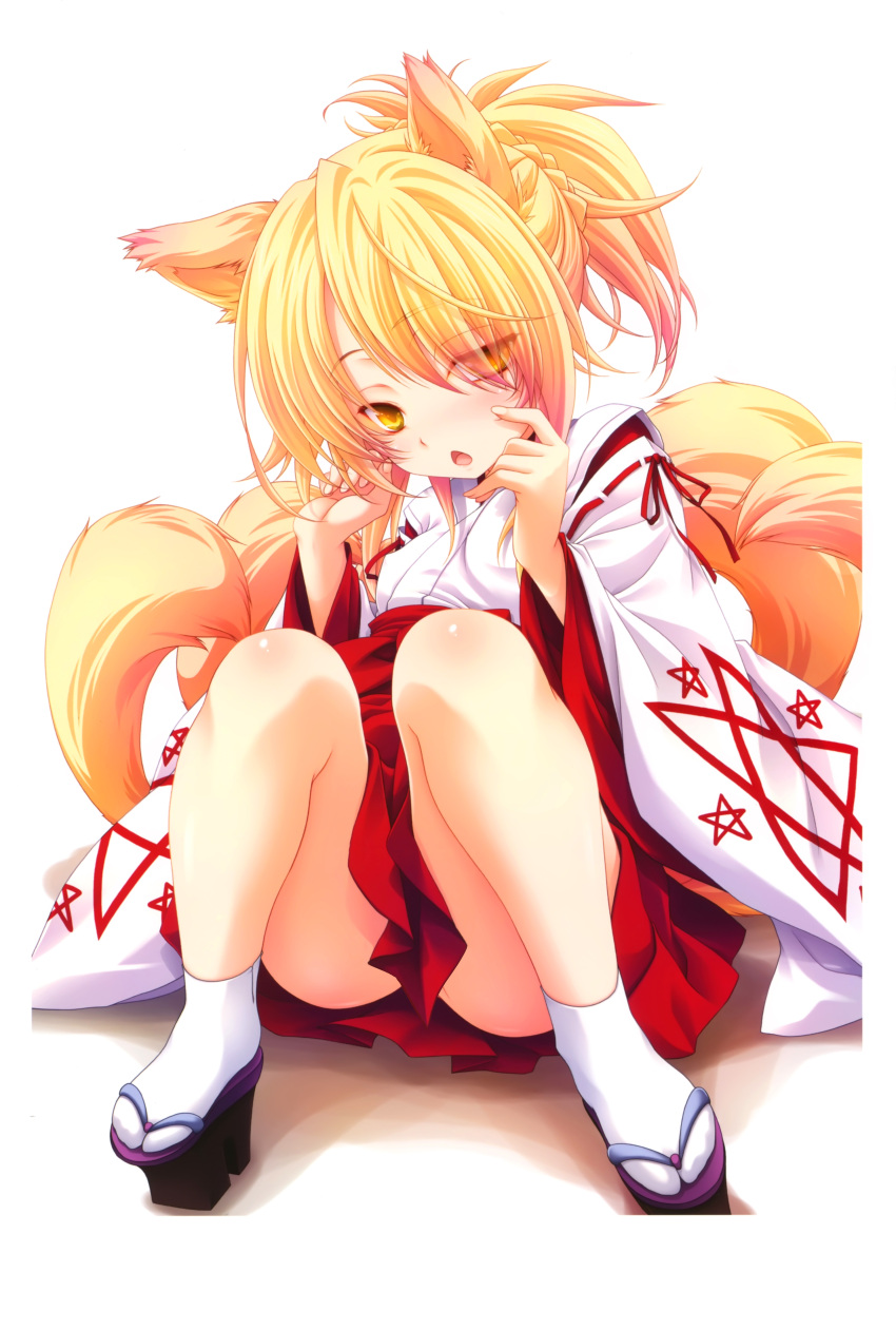 :o absurdres animal_ears blonde_hair blush character_request fox_ears fox_tail geta high_school_dxd highres japanese_clothes kunou_(high_school_dxd) looking_at_viewer miko miyama-zero multiple_tails pentagram ponytail scan sitting solo tabi tail yellow_eyes