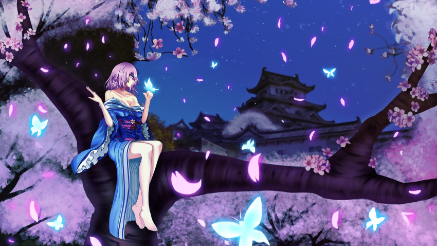 bad_id bare_shoulders barefoot branch breasts building butterfly cleavage evilpwood flower highres in_tree japanese_clothes kimono night no_hat no_headwear petals pink_hair saigyouji_yuyuko short_hair sitting sitting_in_tree solo star tagme(artist) touhou tree