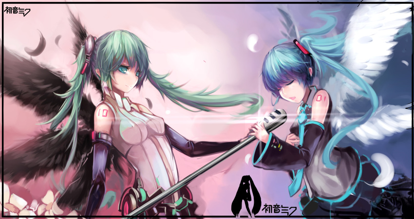 aqua_eyes aqua_hair boqboq center_opening closed_eyes dual_persona elbow_gloves eyes_closed feathers gloves green_hair hatsune_miku hatsune_miku_(append) highres long_hair microphone miku_append multiple_girls necktie open_mouth singing smile twintails very_long_hair vocaloid vocaloid_append wings
