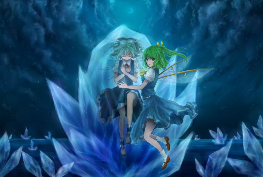 2girls ankle_cuffs barefoot blue blue_dress blue_eyes blue_hair bow bow_tie cirno closed_eyes crystals daiyousei dead fairy flying frown frozen green_hair hair_bow highres ice lake long_hair looking_at_viewer moon multiple_girls ponytail ribbons shoes short_hair short_sleeves side_ponytail the_embodiment_of_scarlet_devil touhou water wings yuina_(artist)