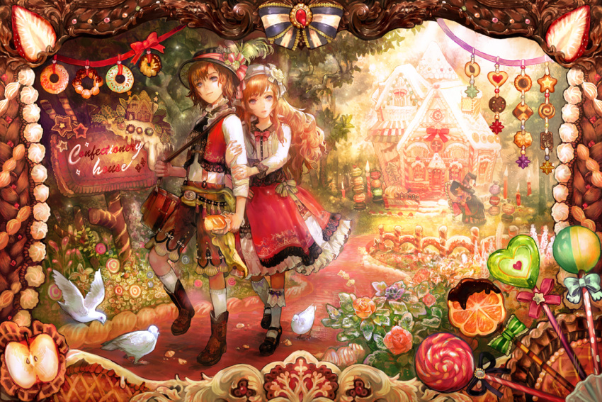1boy 1girl apple bag bird birds blonde_hair boots brown_hair building candy chibi_(shimon) dove dress flower food fruit gingerbread_house hansel_and_gretel hat hat_ribbon heart holding lollipop long_hair original outdoors ribbon sign smile socks star strawberry walking white_dove white_legwear witch witch_hat