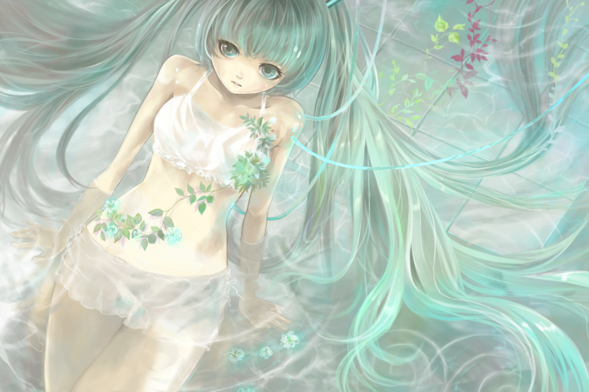 aqua_eyes aqua_hair arm_support dress flowers hatsune_miku long_hair looking_at_viewer partially_submerged plant see-through sitting solo twintails usa_namex very_long_hair vines vocaloid water white_dress