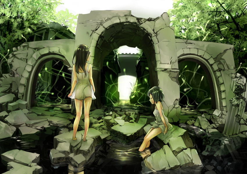 arch barefoot black_hair closed_eyes dress eyes_closed feet_in_water forest from_behind highres long_hair multiple_girls original pixy2501 rock ruins scenery short_hair soaking_feet sundress tree wading water white_dress