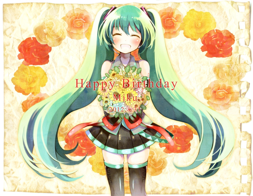 2012 :d ^_^ ayuko_(ayuco) bouquet character_name closed_eyes dated detached_sleeves flower green_hair happy_birthday hatsune_miku long_hair open_mouth skirt smile solo thigh-highs thighhighs twintails very_long_hair vocaloid