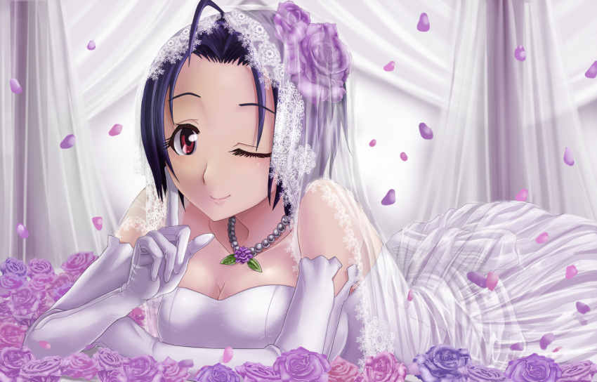 1girl ;) ahoge av_(artist) blue_hair breasts bridal_veil cleavage dress elbow_gloves flower flower_on_head flowers gloves hair_flower hair_ornament idolmaster jewelry lying miura_azusa necklace on_stomach petals purple_hair red_eyes rose rose_petals short_hair veil wedding_dress wink