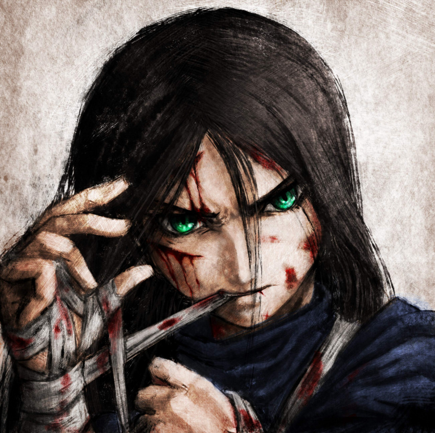 alice:_madness_returns alice_(wonderland) alice_in_wonderland american_mcgee's_alice american_mcgee's_alice bandage bandages black_hair bleeding blood blood_on_face ceramic_man cuts dress green_eyes highres injury long_hair mouth_hold solo