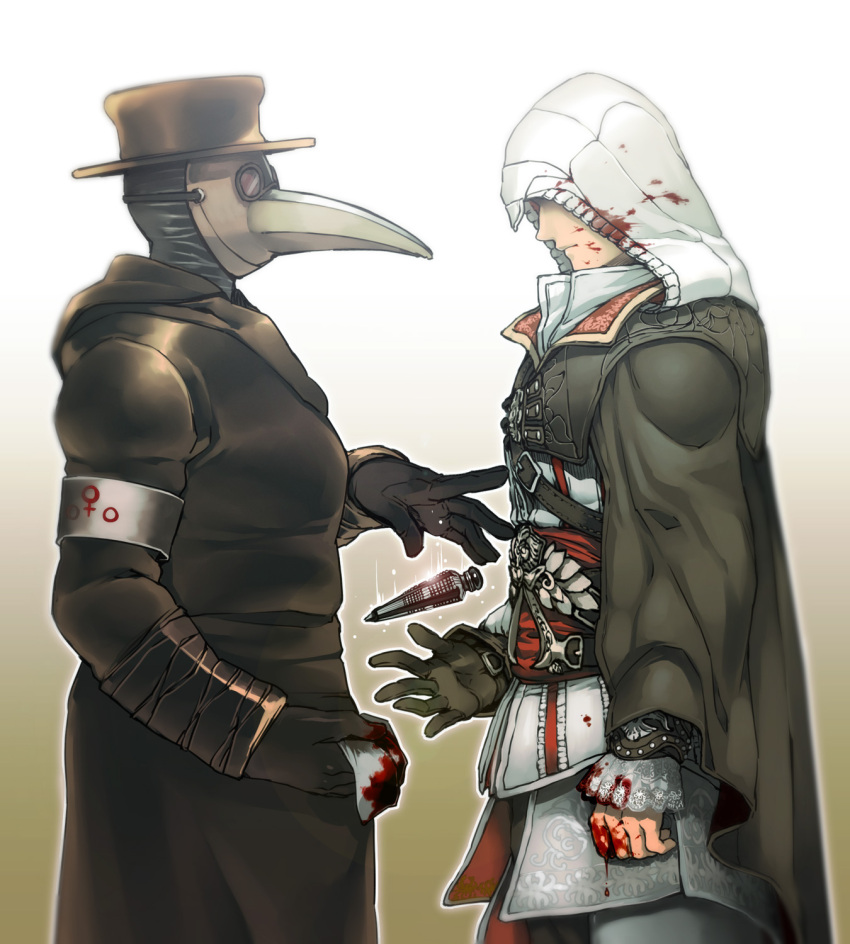 1girl armband assassin's_creed assassin's_creed_ii assassin's_creed assassin's_creed_ii belt blood bloody_clothes cape coat doctor ezio_auditore_da_firenze giving gloves gradient gradient_background hat highres hood mask medicine multiple_boys pauldrons plague_doctor sash simple_background vambraces zakki
