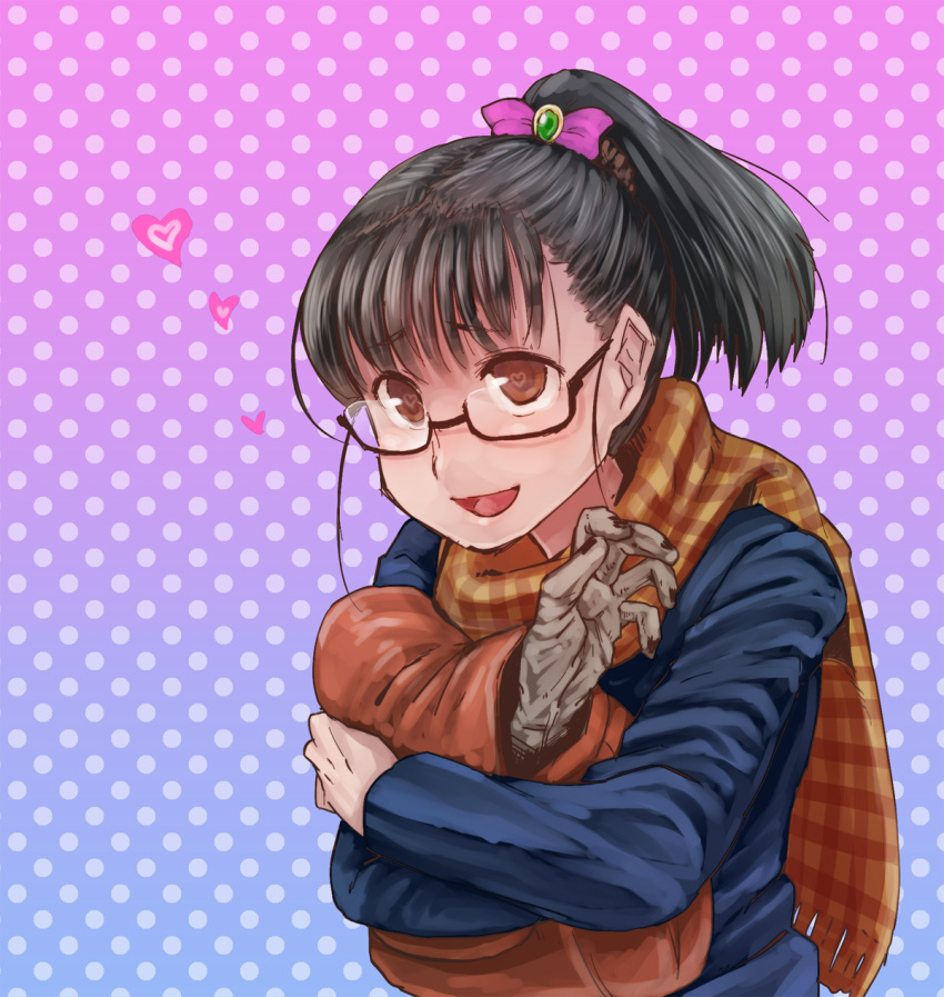 :d black_hair brown_eyes chihiro_p glasses heart heart-shaped_pupils highres holding open_mouth original polka_dot polka_dot_background ponytail scarf severed_limb smile solo symbol-shaped_pupils