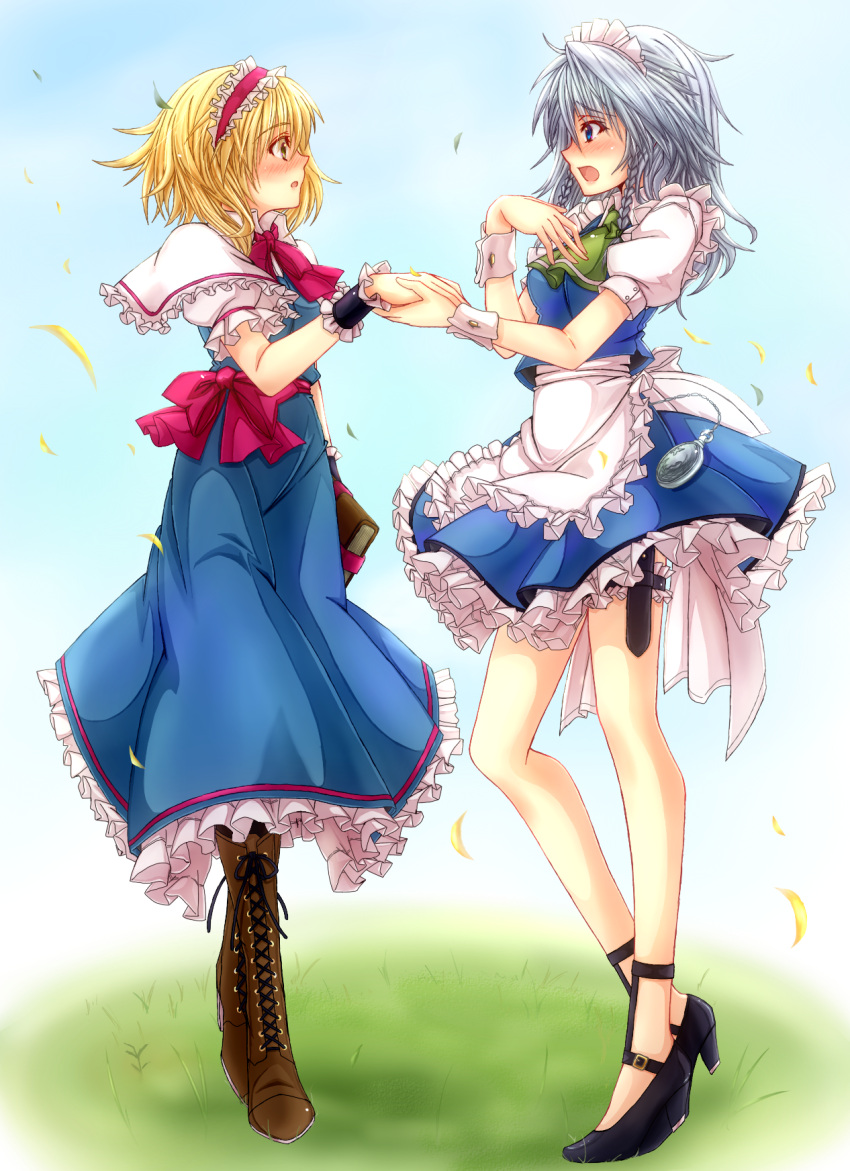 alice_margatroid ascot blonde_hair blush book boots capelet cross-laced_footwear hand_holding highres holding_hands izayoi_sakuya knee_boots lace-up_boots legs maid maid_headdress mickey_dunn multiple_girls open_mouth pantyhose petals pocket_watch short_hair silver_hair touhou watch wrist_cuffs yuri