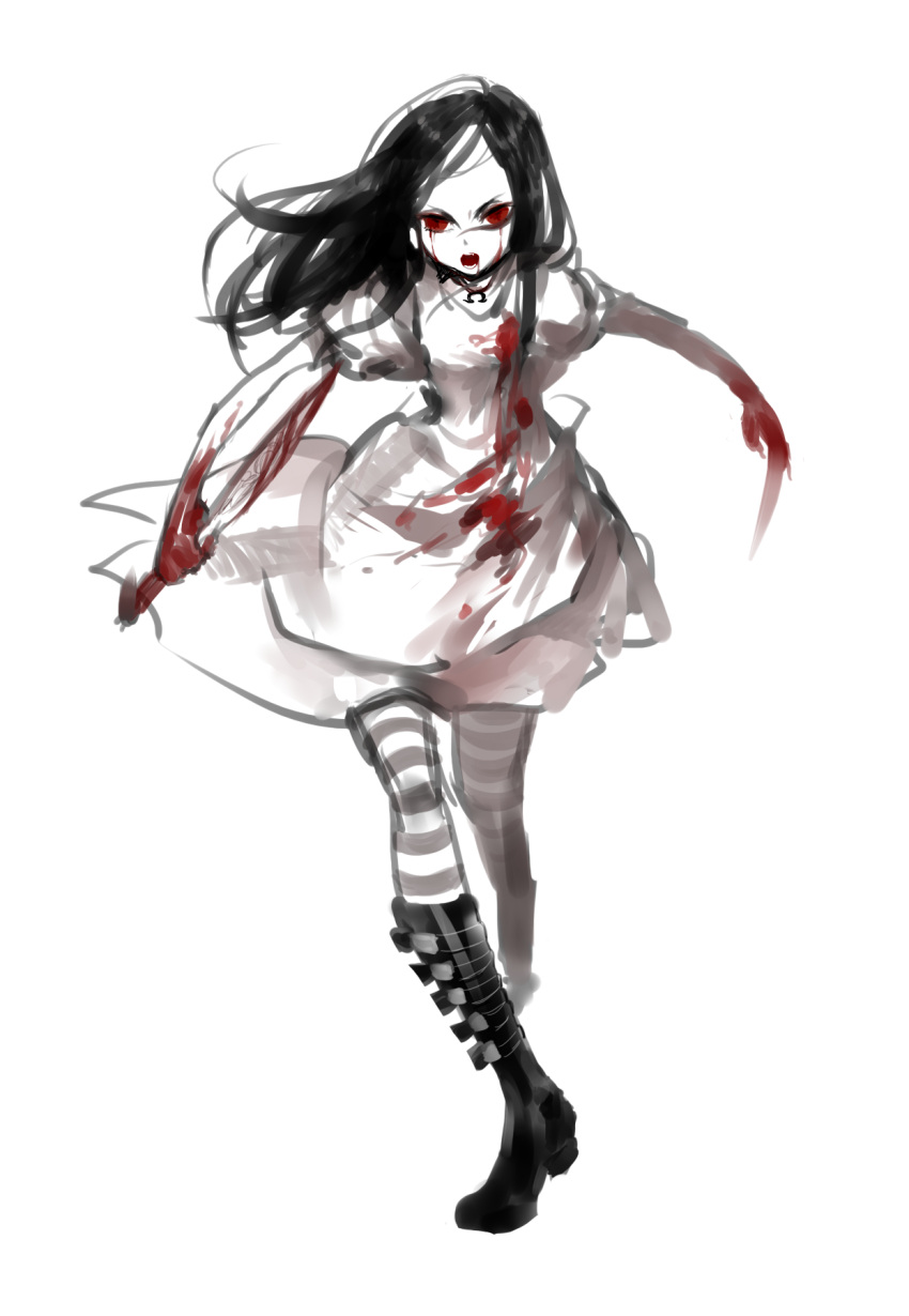 alice:_madness_returns alice_(wonderland) alice_in_wonderland alternate_form american_mcgee's_alice black_hair blood bluerancel boots dress highres knife open_mouth pantyhose red_eyes simple_background siple_background sketch solo striped striped_legwear walking white_background