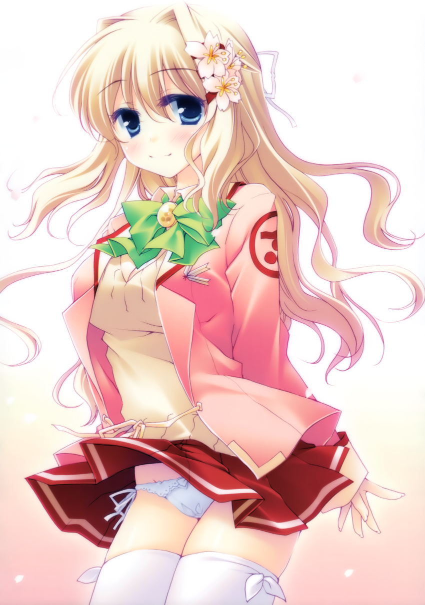 absurdres blonde_hair blue_eyes cherry_blossoms flower flower_on_head hair_flower hair_intakes hair_ornament highres motomiya_mitsuki mouri_terumoto_(ouka_sengoku) ouka_sengoku panties pantsu scanning_resolution school_uniform side-tie_panties string_panties thighhighs underwear white_legwear white_panties wind_lift