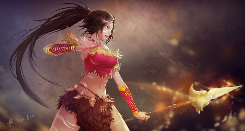 absurdres breasts brown_hair facial_mark forehead_mark fur highres jewelry league_of_legends long_hair midriff namiko_(zxbvincent) navel necklace nidalee polearm ponytail purple_eyes solo spear tribal vambraces violet_eyes wallpaper weapon