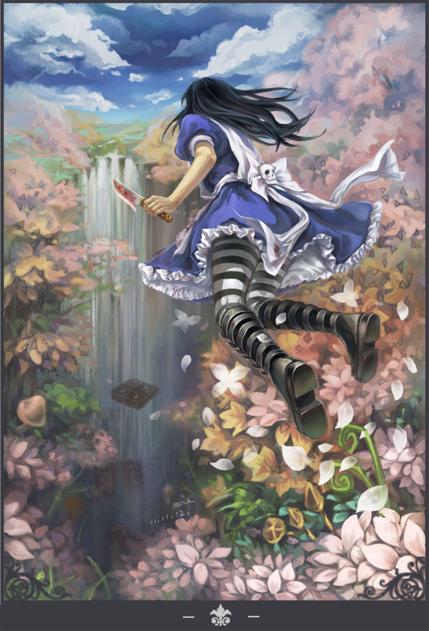alice:_madness_returns alice_(wonderland) alice_in_wonderland american_mcgee's_alice black_hair boots bow cloud clouds dress flower frills highres knife pantyhose solo striped striped_legwear water waterfall