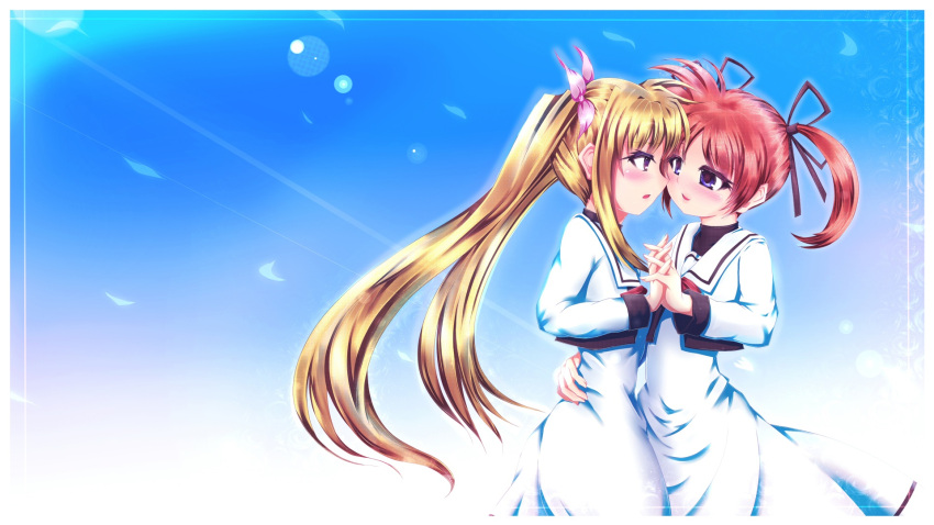 blonde_hair blush brown_hair dohcmen eye_contact fate_testarossa hair_ribbon hand_holding hand_on_back highres holding_hands interlocked_fingers long_hair long_sleeves looking_at_another lyrical_nanoha mahou_shoujo_lyrical_nanoha mahou_shoujo_lyrical_nanoha_a's mahou_shoujo_lyrical_nanoha_a's multiple_girls purple_eyes red_eyes ribbon school_uniform short_twintails takamachi_nanoha twintails violet_eyes yuri