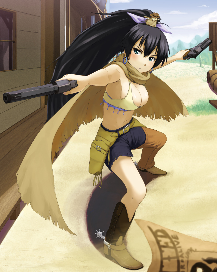 absurdres alternate_costume animal_on_head asymmetrical_clothes bare_shoulders belt black_hair blue_eyes blush boots breasts bursting_breasts cleavage cloak cosplay cowboy cowboy_hat earrings ganaha_hibiki gun hamuzou hat highres holster idolmaster jewelry large_breasts long_hair mateba_model_6_unica midriff mouse outstretched_arms ponytail posing revolver shorts solo spread_arms tsukikase very_long_hair wanted wanted_poster weapon western
