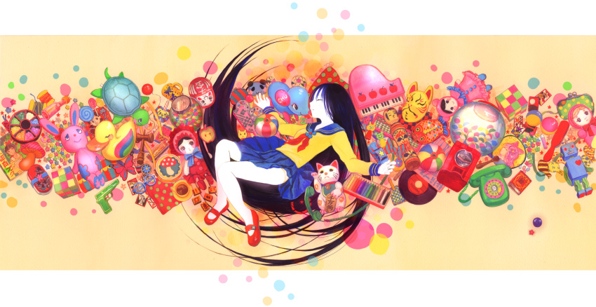 ball bare_legs black_hair candy closed_eyes eyes_closed fox_mask fuji_choko highres kitsune_mask lollipop long_hair mary_janes mask original phone record red_shoes rubber_duck rubik's_cube rubik's_cube school_uniform serafuku shoes skirt solo stuffed_animal stuffed_toy thigh-highs thighhighs toy very_long_hair water_gun white_legwear