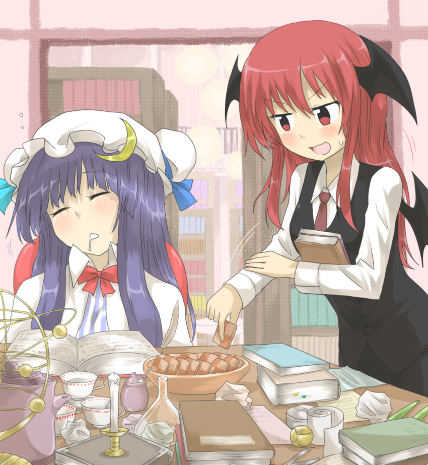 bat_wings beaker book bow candle closed_eyes cookie crescent cup dress_shirt eyes_closed food hat head_wings highres koakuma long_hair multiple_girls necktie nobamo_pieruda open_mouth paper patchouli_knowledge purple_hair red_eyes red_hair redhead saucer scissors shirt skirt sleeping smile teacup touhou wings