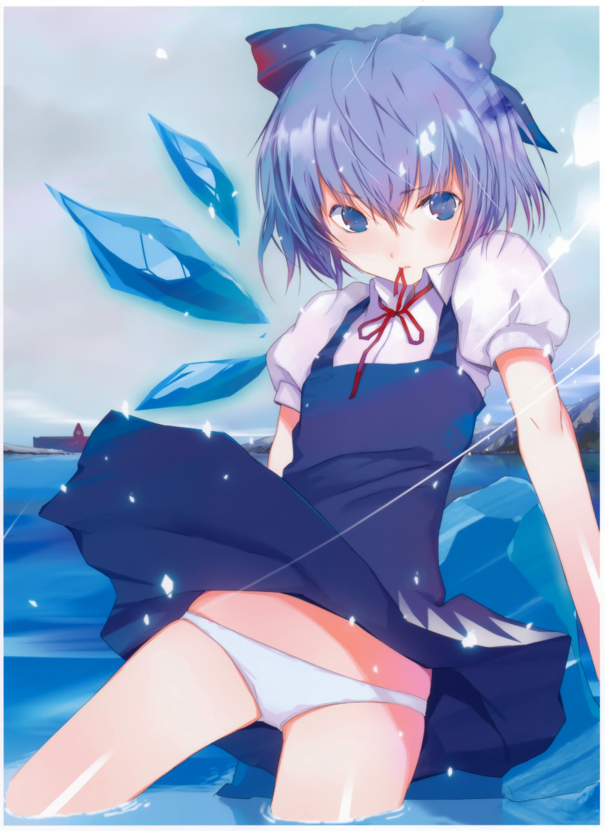 absurdres blue_eyes blue_hair bow cirno cloudy_sky dress dress_lift fuyuno_haruaki hair_bow highres ice misty_lake mouth_hold panties puffy_sleeves ribbon_in_mouth scan scarlet_devil_mansion short_hair solo touhou underwear wading water white_panties wings