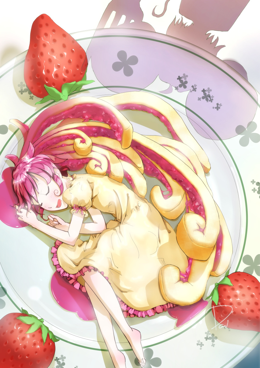 :d absurdres animal_ears barefoot closed_eyes daible dress eyes_closed food fork fruit highres in_food long_hair lying on_side open_mouth original pink_hair plate shadow sleeping smile solo spike strawberry tail