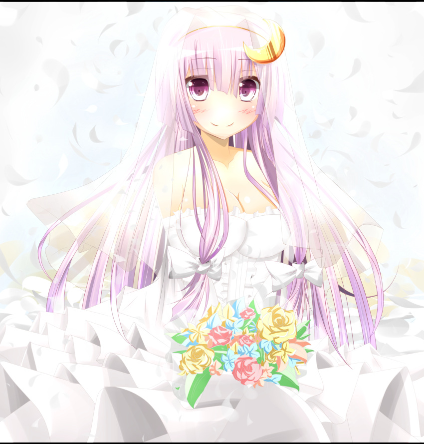 alternate_costume blush bouquet breasts bridal_veil cleavage crescent dress ehimedaisuki elbow_gloves flower gloves hair_ornament hair_ribbon highres letterboxed long_hair patchouli_knowledge pink_rose purple_eyes purple_hair ribbon rose smile solo touhou veil violet_eyes wedding_dress yellow_rose