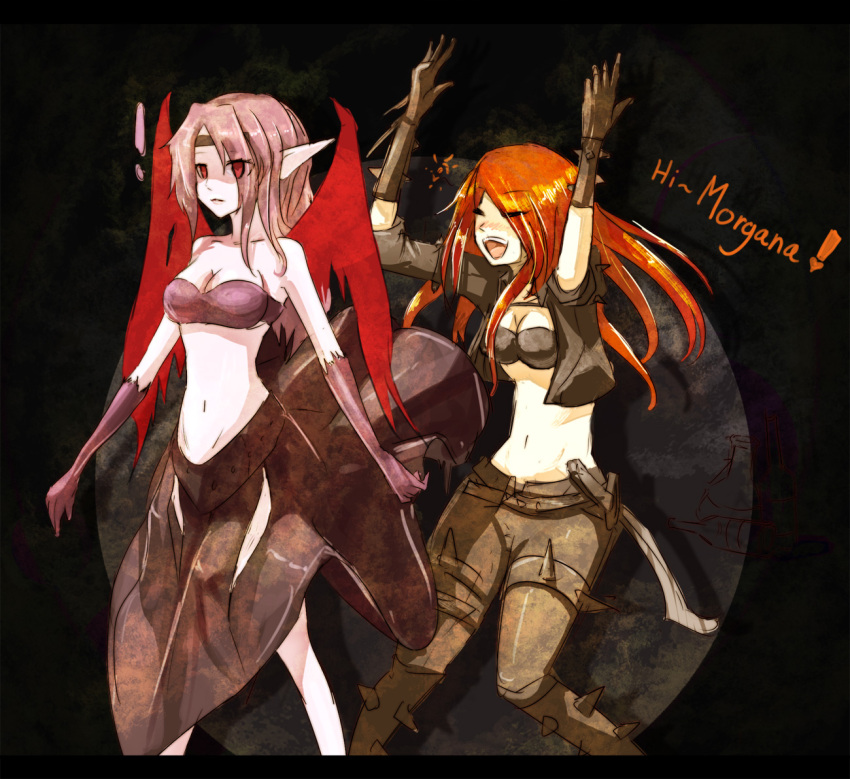 2girls bandeau bare_shoulders beancurd blade blush bottle breasts cleavage dagger demon_girl dress drunk elbow_gloves english eyes_closed gloves hands_up headband katarina katarina_du_couteau league_of_legends long_ears midriff morgana multiple_girls navel no_background pink_hair pointy_ears red_eyes red_hair simple_background skirt skirt_flip smile spikes sword weapon wings
