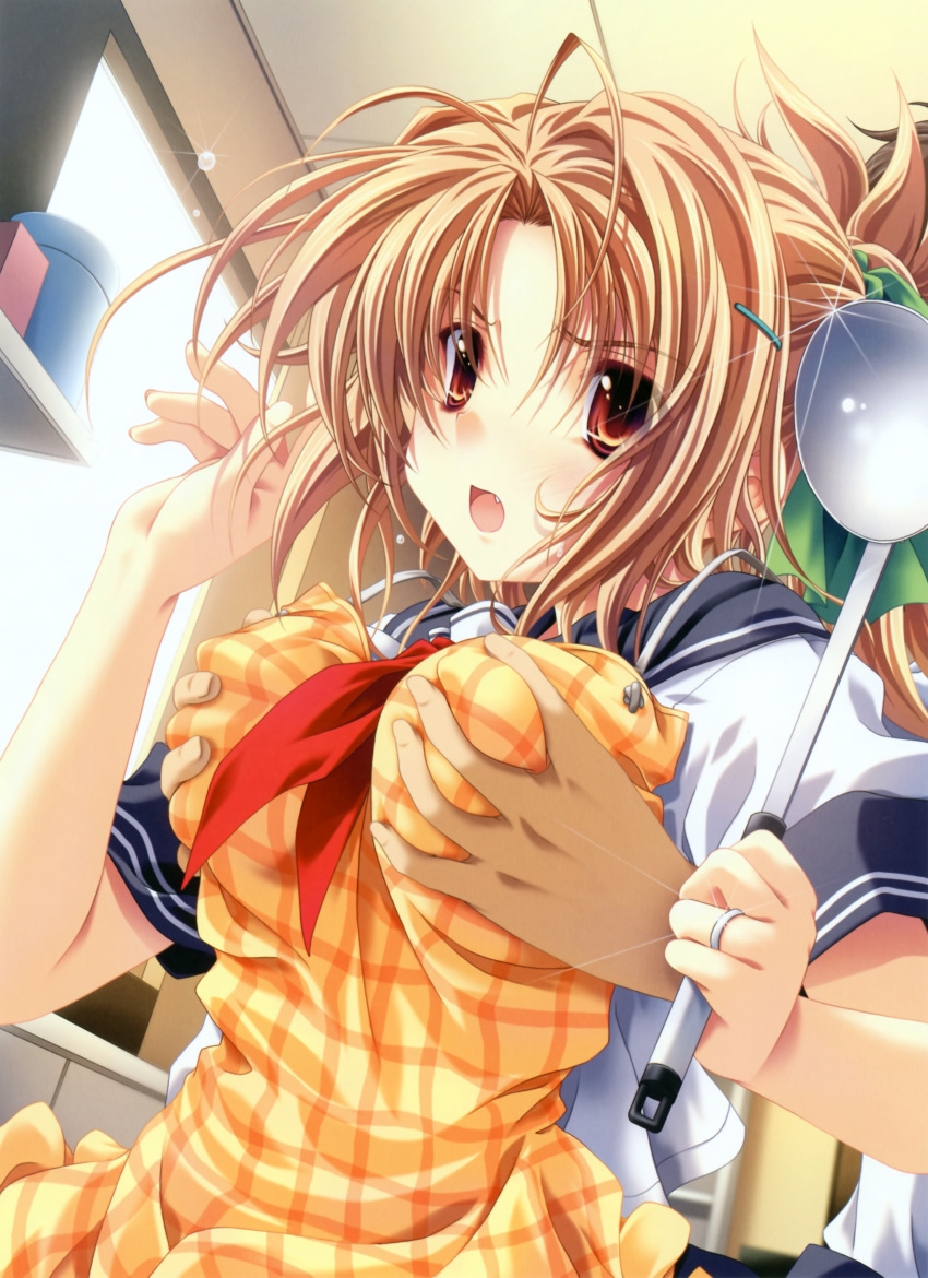 absurdres antenna_hair apron breast_grab brown_hair copyright_request d: fang from_behind hair_ornament hairclip highres jewelry ladle lens_flare miyama-zero open_mouth plaid red_eyes ring school_uniform serafuku