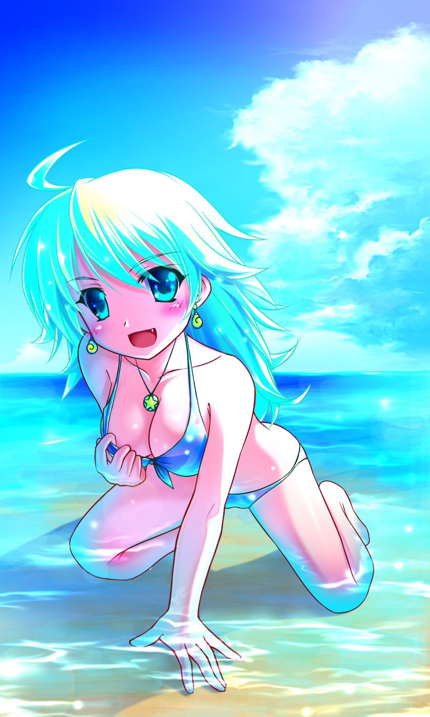 :d absurdres ahoge all_fours backlighting bikini blonde_hair breasts cleavage earrings fang green_eyes highres hinasaki hoshii_miki idolmaster jewelry mizugi necklace ocean open_mouth sky smile swimsuit water